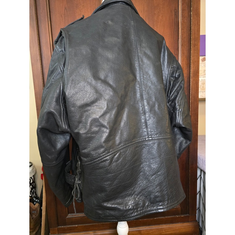 Vintage MOB 5XL Black Leather Motorcycle Biker Jacket Belted Lace Heavyweight - Picture 3 of 15